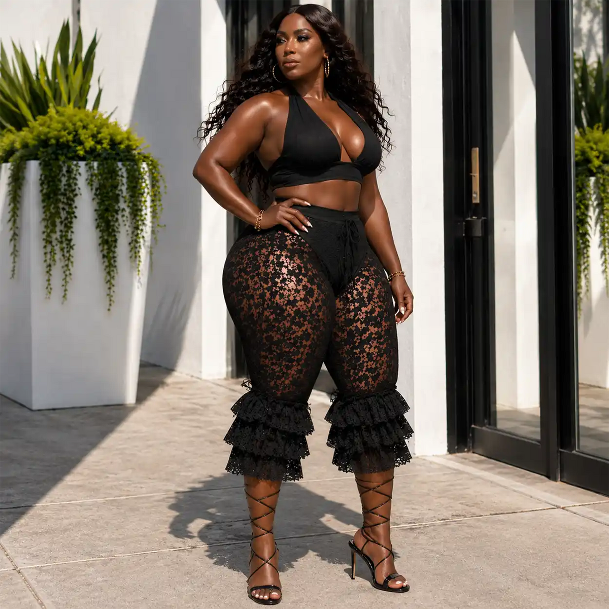 Lace Ruffle Hem Capri Leggings