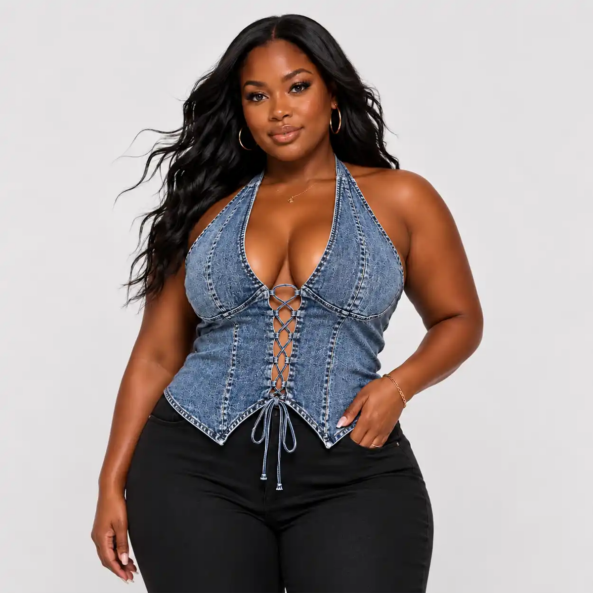 Denim Halter Lace-Up Top