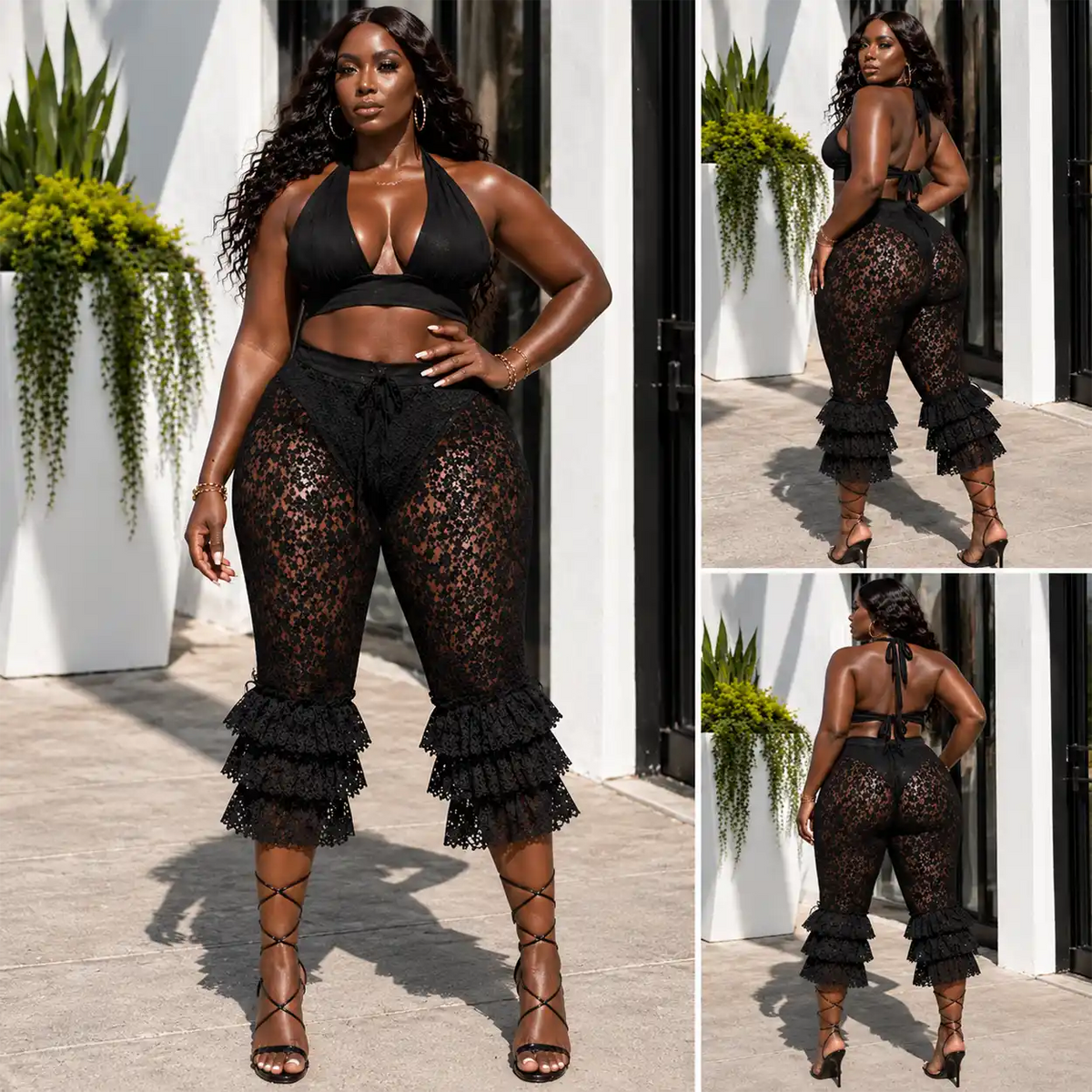 Lace Ruffle Hem Capri Leggings