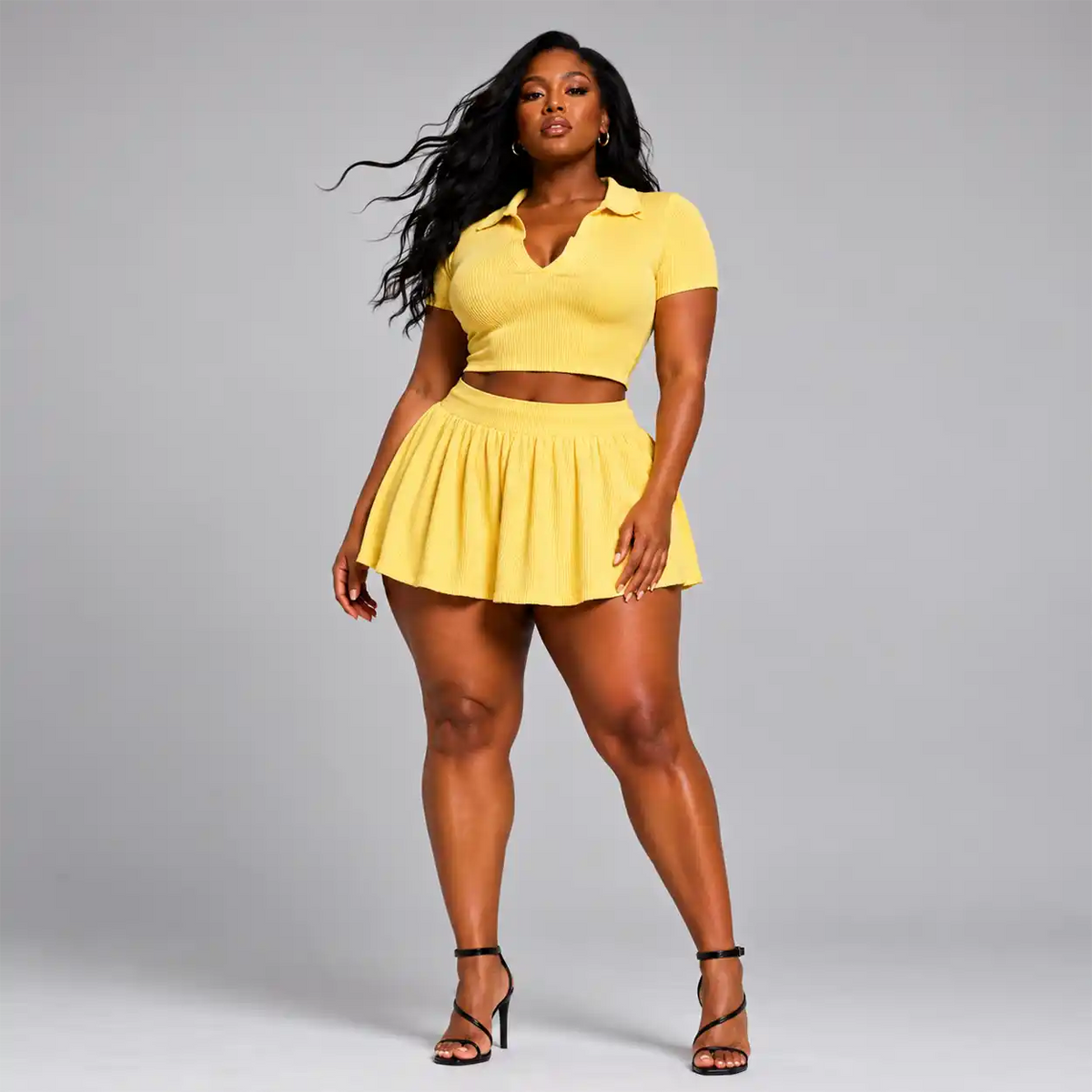 Ribbed Collar Polo Crop Top & Flare Skirt Set