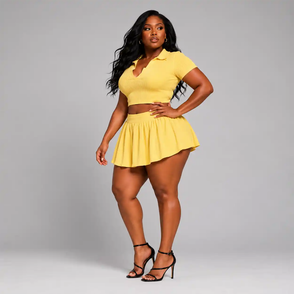 Ribbed Collar Polo Crop Top & Flare Skirt Set