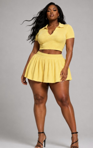 Ribbed Collar Polo Crop Top & Flare Skirt Set