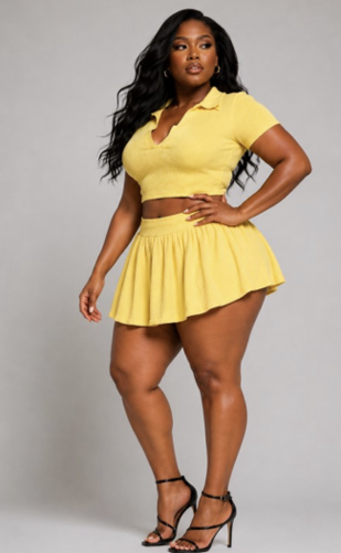 Ribbed Collar Polo Crop Top & Flare Skirt Set